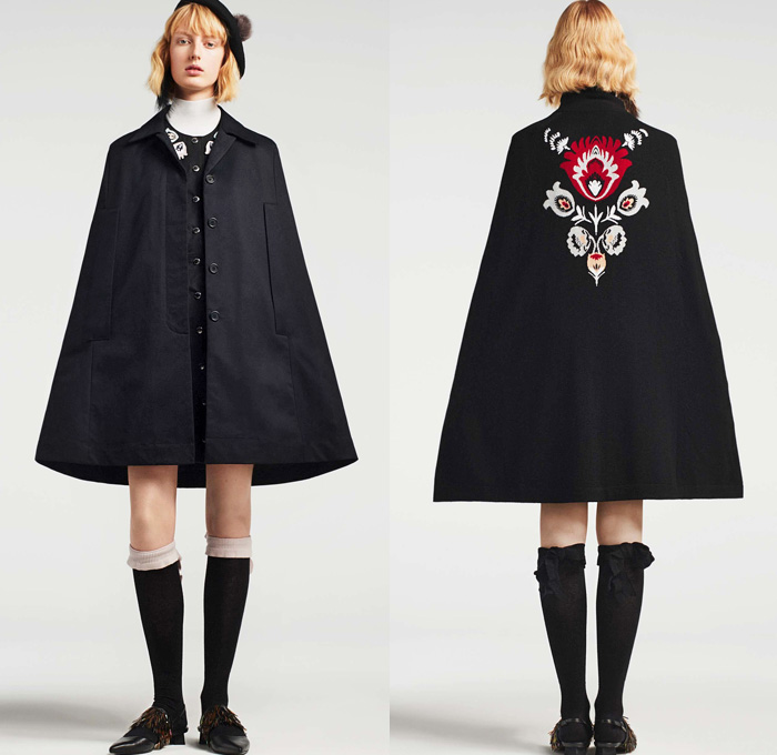 Markus Lupfer 2016 Pre Fall Autumn Womens Lookbook Presentation - Parisian Flowers Floral Pattern Motif Embroidery Metallic Studs Sheer Chiffon Tulle Knit Sweater Jumper Outerwear Coat Cloak Cape Hanging Sleeve Coatdress Plaid Tartan Check Socks Wool Blouse Long Sleeve Shirt Turtleneck Beret Hat Miniskirt Swan Cargo Pockets Parka Bomber Jacket Scarf Dress Geometric Ruffles Jacket Handbag Clutch Purse Crossbody 