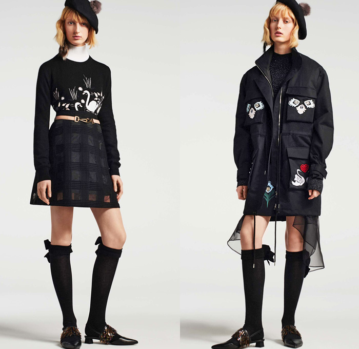 Markus Lupfer 2016 Pre Fall Autumn Womens Lookbook Presentation - Parisian Flowers Floral Pattern Motif Embroidery Metallic Studs Sheer Chiffon Tulle Knit Sweater Jumper Outerwear Coat Cloak Cape Hanging Sleeve Coatdress Plaid Tartan Check Socks Wool Blouse Long Sleeve Shirt Turtleneck Beret Hat Miniskirt Swan Cargo Pockets Parka Bomber Jacket Scarf Dress Geometric Ruffles Jacket Handbag Clutch Purse Crossbody 