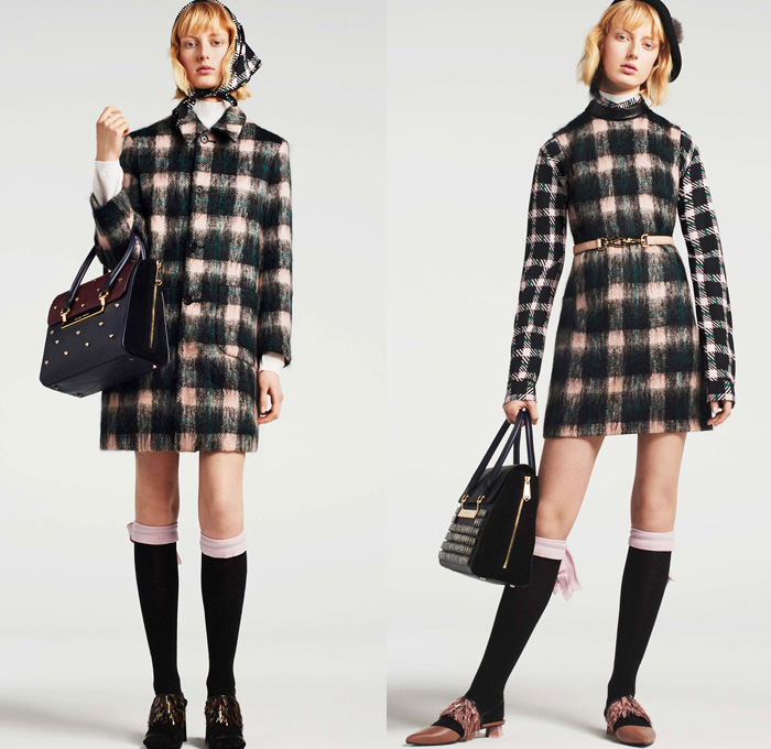 Markus Lupfer 2016 Pre Fall Autumn Womens Lookbook Presentation - Parisian Flowers Floral Pattern Motif Embroidery Metallic Studs Sheer Chiffon Tulle Knit Sweater Jumper Outerwear Coat Cloak Cape Hanging Sleeve Coatdress Plaid Tartan Check Socks Wool Blouse Long Sleeve Shirt Turtleneck Beret Hat Miniskirt Swan Cargo Pockets Parka Bomber Jacket Scarf Dress Geometric Ruffles Jacket Handbag Clutch Purse Crossbody 