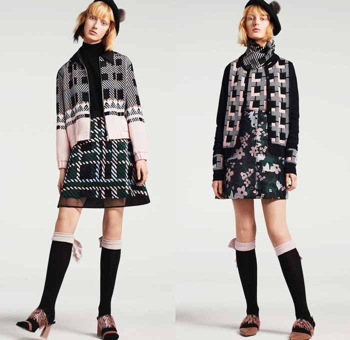 Markus Lupfer 2016 Pre Fall Autumn Womens Lookbook Presentation - Parisian Flowers Floral Pattern Motif Embroidery Metallic Studs Sheer Chiffon Tulle Knit Sweater Jumper Outerwear Coat Cloak Cape Hanging Sleeve Coatdress Plaid Tartan Check Socks Wool Blouse Long Sleeve Shirt Turtleneck Beret Hat Miniskirt Swan Cargo Pockets Parka Bomber Jacket Scarf Dress Geometric Ruffles Jacket Handbag Clutch Purse Crossbody 