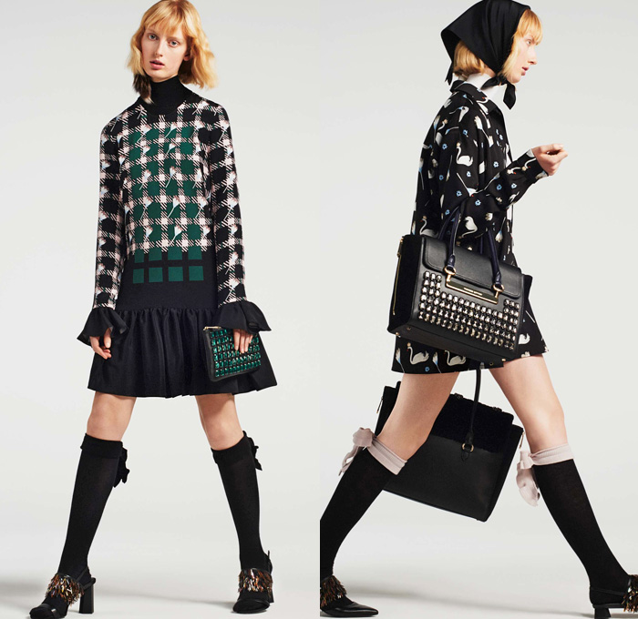 Markus Lupfer 2016 Pre Fall Autumn Womens Lookbook Presentation - Parisian Flowers Floral Pattern Motif Embroidery Metallic Studs Sheer Chiffon Tulle Knit Sweater Jumper Outerwear Coat Cloak Cape Hanging Sleeve Coatdress Plaid Tartan Check Socks Wool Blouse Long Sleeve Shirt Turtleneck Beret Hat Miniskirt Swan Cargo Pockets Parka Bomber Jacket Scarf Dress Geometric Ruffles Jacket Handbag Clutch Purse Crossbody 