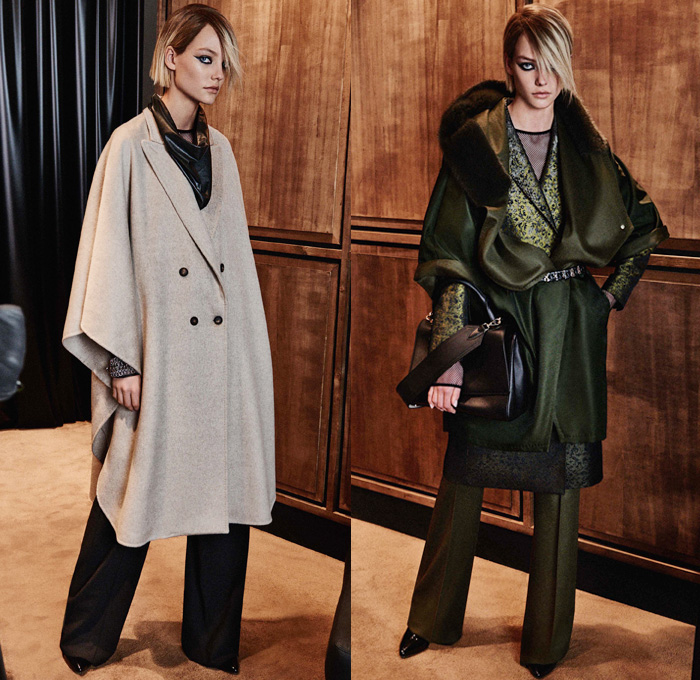 Max Mara 2016 Pre Fall Autumn Womens Lookbook Presentation - Wide Leg Trousers Palazzo Pants Blouse Long Sleeve Shirt Outerwear Coat Trench Coat Overcoat Furry Jacquard Biker Leather Pencil Skirt Frock Accordion Pleats Scarf Sheer Tulle Mesh Fishnet Wool Knit Embroidery Metallic Studs Racing Check Sweater Jumper Leopard Stockings Tights Vestdress Waistcoat Handbag Clutch Purse