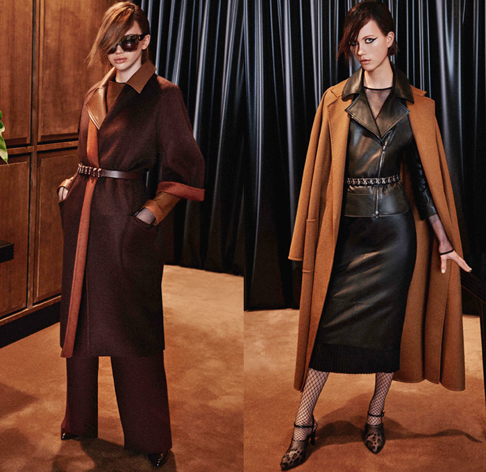 Max Mara 2016 Pre Fall Autumn Womens Lookbook Presentation - Wide Leg Trousers Palazzo Pants Blouse Long Sleeve Shirt Outerwear Coat Trench Coat Overcoat Furry Jacquard Biker Leather Pencil Skirt Frock Accordion Pleats Scarf Sheer Tulle Mesh Fishnet Wool Knit Embroidery Metallic Studs Racing Check Sweater Jumper Leopard Stockings Tights Vestdress Waistcoat Handbag Clutch Purse