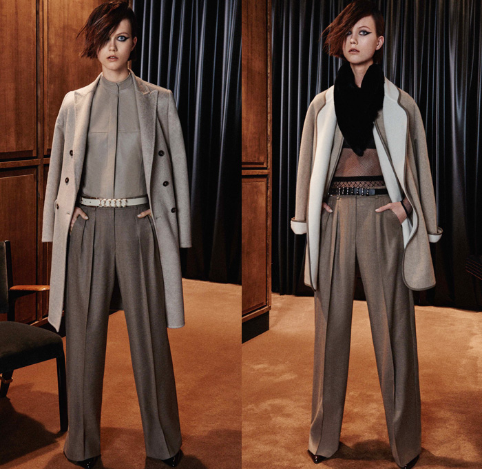 Max Mara 2016 Pre Fall Autumn Womens Lookbook Presentation - Wide Leg Trousers Palazzo Pants Blouse Long Sleeve Shirt Outerwear Coat Trench Coat Overcoat Furry Jacquard Biker Leather Pencil Skirt Frock Accordion Pleats Scarf Sheer Tulle Mesh Fishnet Wool Knit Embroidery Metallic Studs Racing Check Sweater Jumper Leopard Stockings Tights Vestdress Waistcoat Handbag Clutch Purse