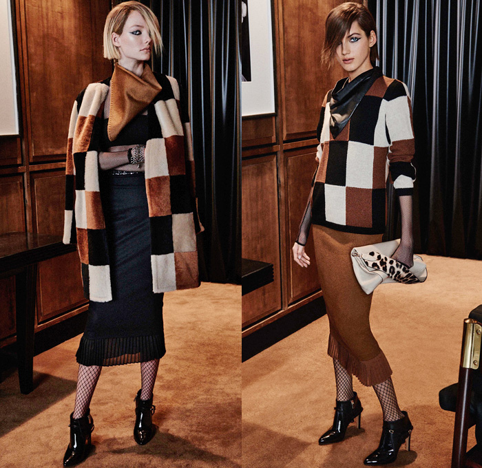 Max Mara 2016 Pre Fall Autumn Womens Lookbook Presentation - Wide Leg Trousers Palazzo Pants Blouse Long Sleeve Shirt Outerwear Coat Trench Coat Overcoat Furry Jacquard Biker Leather Pencil Skirt Frock Accordion Pleats Scarf Sheer Tulle Mesh Fishnet Wool Knit Embroidery Metallic Studs Racing Check Sweater Jumper Leopard Stockings Tights Vestdress Waistcoat Handbag Clutch Purse