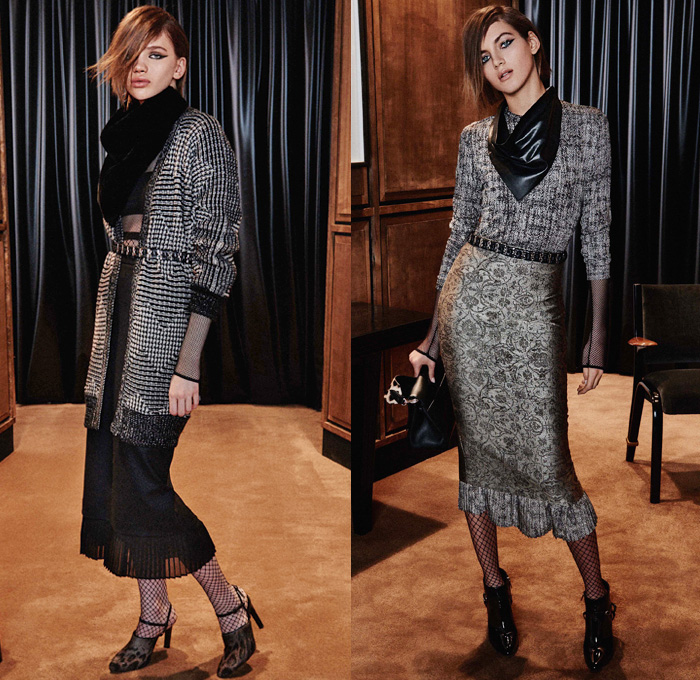 Max Mara 2016 Pre Fall Autumn Womens Lookbook Presentation - Wide Leg Trousers Palazzo Pants Blouse Long Sleeve Shirt Outerwear Coat Trench Coat Overcoat Furry Jacquard Biker Leather Pencil Skirt Frock Accordion Pleats Scarf Sheer Tulle Mesh Fishnet Wool Knit Embroidery Metallic Studs Racing Check Sweater Jumper Leopard Stockings Tights Vestdress Waistcoat Handbag Clutch Purse