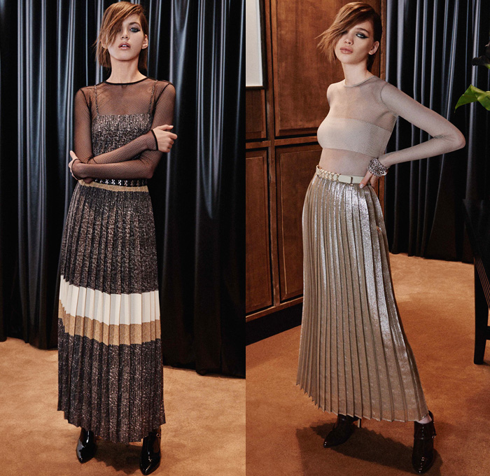 Max Mara 2016 Pre Fall Autumn Womens Lookbook Presentation - Wide Leg Trousers Palazzo Pants Blouse Long Sleeve Shirt Outerwear Coat Trench Coat Overcoat Furry Jacquard Biker Leather Pencil Skirt Frock Accordion Pleats Scarf Sheer Tulle Mesh Fishnet Wool Knit Embroidery Metallic Studs Racing Check Sweater Jumper Leopard Stockings Tights Vestdress Waistcoat Handbag Clutch Purse