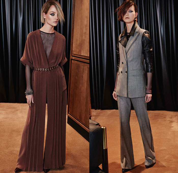 Max Mara 2016 Pre Fall Autumn Womens Lookbook Presentation - Wide Leg Trousers Palazzo Pants Blouse Long Sleeve Shirt Outerwear Coat Trench Coat Overcoat Furry Jacquard Biker Leather Pencil Skirt Frock Accordion Pleats Scarf Sheer Tulle Mesh Fishnet Wool Knit Embroidery Metallic Studs Racing Check Sweater Jumper Leopard Stockings Tights Vestdress Waistcoat Handbag Clutch Purse