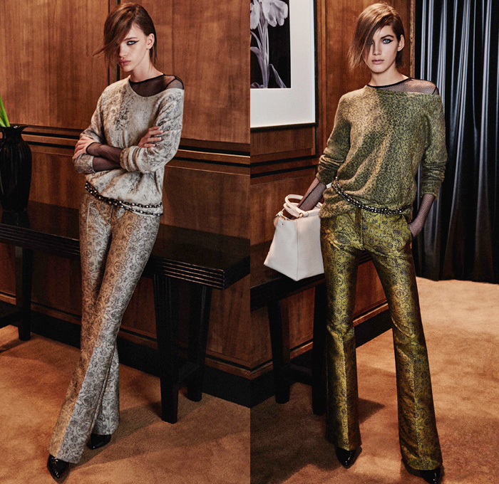 Max Mara 2016 Pre Fall Autumn Womens Lookbook Presentation - Wide Leg Trousers Palazzo Pants Blouse Long Sleeve Shirt Outerwear Coat Trench Coat Overcoat Furry Jacquard Biker Leather Pencil Skirt Frock Accordion Pleats Scarf Sheer Tulle Mesh Fishnet Wool Knit Embroidery Metallic Studs Racing Check Sweater Jumper Leopard Stockings Tights Vestdress Waistcoat Handbag Clutch Purse