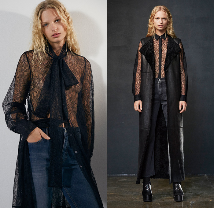 McQ Alexander McQueen 2016 Pre Fall Autumn Womens Lookbook Presentation - Denim Jeans Sheer Chiffon Tulle Lace Mesh Pussycat Bow Outerwear Trench Coat Vest Waistcoat Vestdress Tankdress Clogs Knit Sweater Jumper Sweaterdress Zipper Skirt Frock Blouse Stripes Zebra Blazer Crochet Weave Plaid Tartan Metallic Sequins Elongated Sleeves Wide Leg Trousers Palazzo Pants Handbag Crossbody Chain Purse