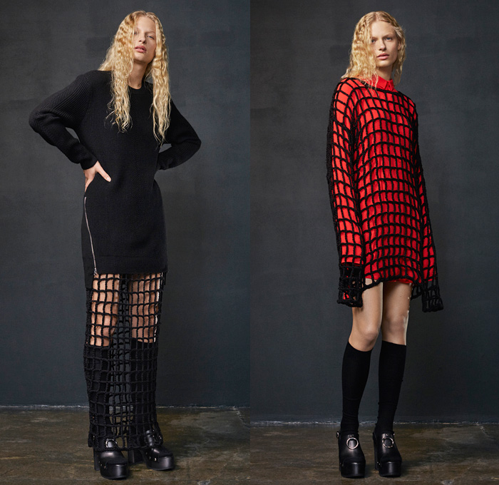 McQ Alexander McQueen 2016 Pre Fall Autumn Womens Lookbook Presentation - Denim Jeans Sheer Chiffon Tulle Lace Mesh Pussycat Bow Outerwear Trench Coat Vest Waistcoat Vestdress Tankdress Clogs Knit Sweater Jumper Sweaterdress Zipper Skirt Frock Blouse Stripes Zebra Blazer Crochet Weave Plaid Tartan Metallic Sequins Elongated Sleeves Wide Leg Trousers Palazzo Pants Handbag Crossbody Chain Purse