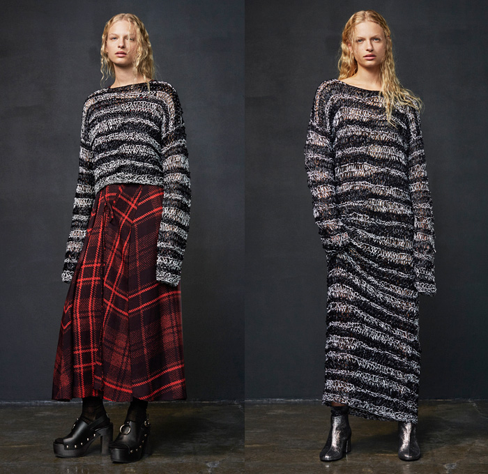 McQ Alexander McQueen 2016 Pre Fall Autumn Womens Lookbook Presentation - Denim Jeans Sheer Chiffon Tulle Lace Mesh Pussycat Bow Outerwear Trench Coat Vest Waistcoat Vestdress Tankdress Clogs Knit Sweater Jumper Sweaterdress Zipper Skirt Frock Blouse Stripes Zebra Blazer Crochet Weave Plaid Tartan Metallic Sequins Elongated Sleeves Wide Leg Trousers Palazzo Pants Handbag Crossbody Chain Purse