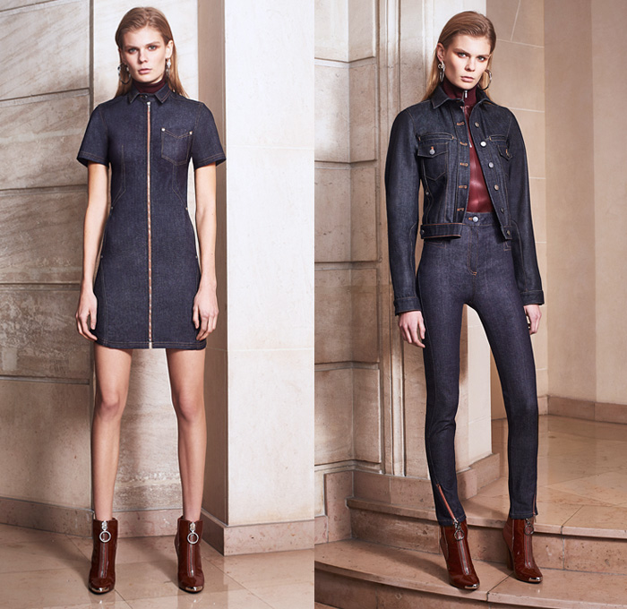 Mugler 2016 Pre Fall Autumn Womens Lookbook Presentation - Denim Jeans Nipple Rings Punk Piercings Metal Loops Leather Fisherman Chunky Knit Sweater Shirtdress Turtleneck Outerwear Coat Accordion Pleats Asymmetrical Hem Pantsuit Dress Patchwork Leggings Cutout Waist Wrap Tie Up Handbag Clutch Purse