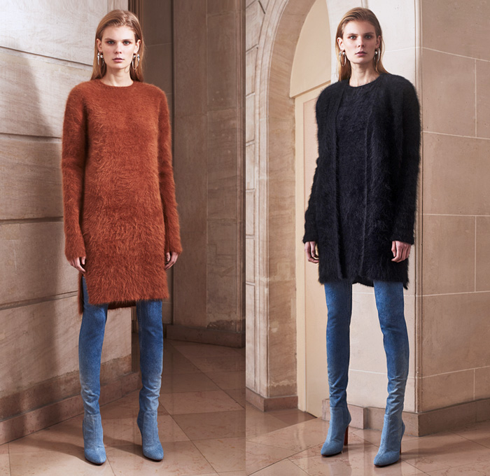 Mugler 2016 Pre Fall Autumn Womens Lookbook Presentation - Denim Jeans Nipple Rings Punk Piercings Metal Loops Leather Fisherman Chunky Knit Sweater Shirtdress Turtleneck Outerwear Coat Accordion Pleats Asymmetrical Hem Pantsuit Dress Patchwork Leggings Cutout Waist Wrap Tie Up Handbag Clutch Purse