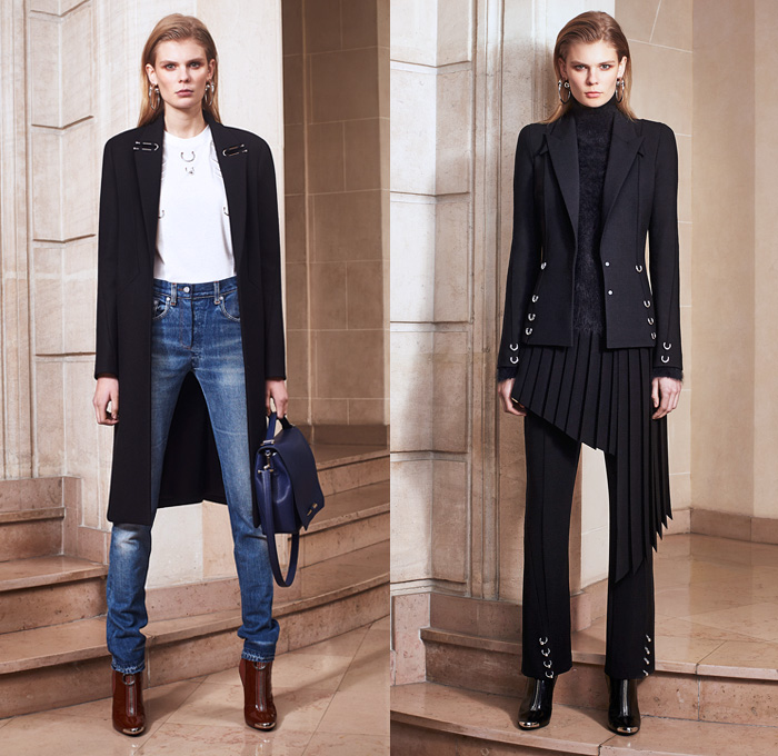 Mugler 2016 Pre Fall Autumn Womens Lookbook Presentation - Denim Jeans Nipple Rings Punk Piercings Metal Loops Leather Fisherman Chunky Knit Sweater Shirtdress Turtleneck Outerwear Coat Accordion Pleats Asymmetrical Hem Pantsuit Dress Patchwork Leggings Cutout Waist Wrap Tie Up Handbag Clutch Purse