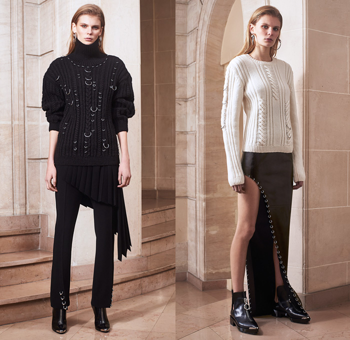 Mugler 2016 Pre Fall Autumn Womens Lookbook Presentation - Denim Jeans Nipple Rings Punk Piercings Metal Loops Leather Fisherman Chunky Knit Sweater Shirtdress Turtleneck Outerwear Coat Accordion Pleats Asymmetrical Hem Pantsuit Dress Patchwork Leggings Cutout Waist Wrap Tie Up Handbag Clutch Purse