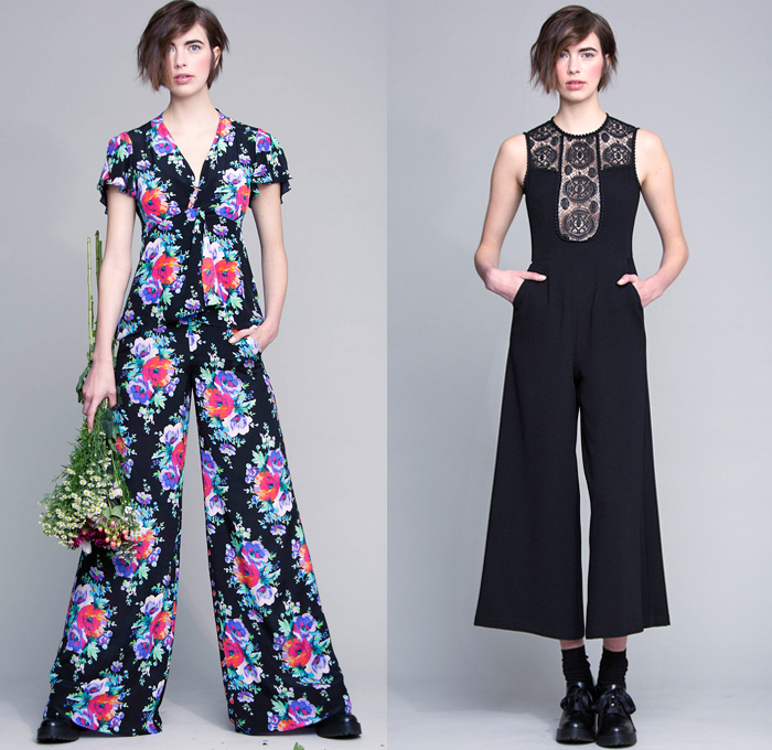 Nanette Lepore  2016 Pre Fall Autumn Womens Lookbook Presentation - Farmer Flowers Floral Botanical Print Graphic Motif Dress Onesie Jumpsuit Coveralls Jacket Blazer Blouse Wide Leg Trousers Palazzo Pants Tunic Sheer Chiffon Lace Cutout Cold Open Shoulders Ornamental Decorative Art Sleeveless