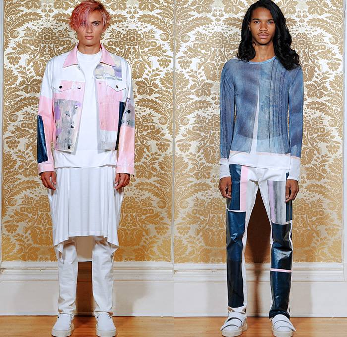 Nicopanda 2016 Pre Fall Autumn Mens Lookbook Presentation Nicola Formichetti - Denim Jeans Androgyny Unisex Outerwear Jacket Streetwear Paint Sneakers Shirtdress Sheer Chiffon Braid Strips Straps Sportswear Jogger Sweatpants Sweater Jumper Asymmetrical Hem Sleeveless Duffel Drawstring Bomber Jacket Metallic Mesh Quilted Shorts Ruffles