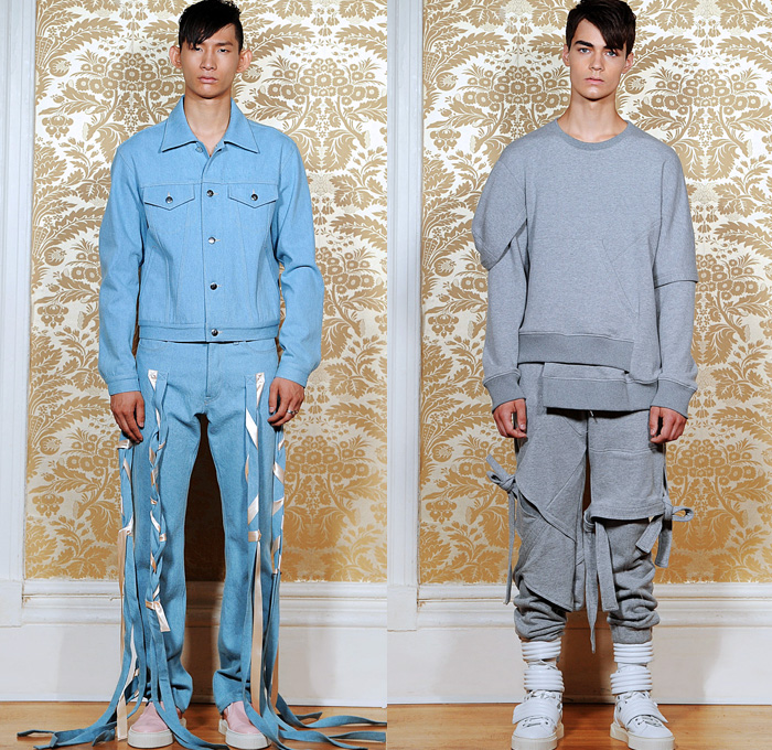 Nicopanda 2016 Pre Fall Autumn Mens Lookbook Presentation Nicola Formichetti - Denim Jeans Androgyny Unisex Outerwear Jacket Streetwear Paint Sneakers Shirtdress Sheer Chiffon Braid Strips Straps Sportswear Jogger Sweatpants Sweater Jumper Asymmetrical Hem Sleeveless Duffel Drawstring Bomber Jacket Metallic Mesh Quilted Shorts Ruffles