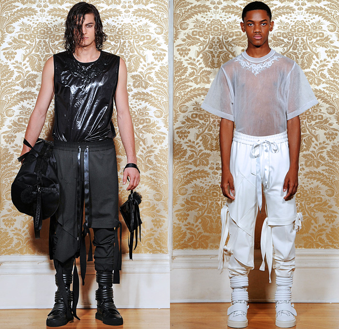 Nicopanda 2016 Pre Fall Autumn Mens Lookbook Presentation Nicola Formichetti - Denim Jeans Androgyny Unisex Outerwear Jacket Streetwear Paint Sneakers Shirtdress Sheer Chiffon Braid Strips Straps Sportswear Jogger Sweatpants Sweater Jumper Asymmetrical Hem Sleeveless Duffel Drawstring Bomber Jacket Metallic Mesh Quilted Shorts Ruffles