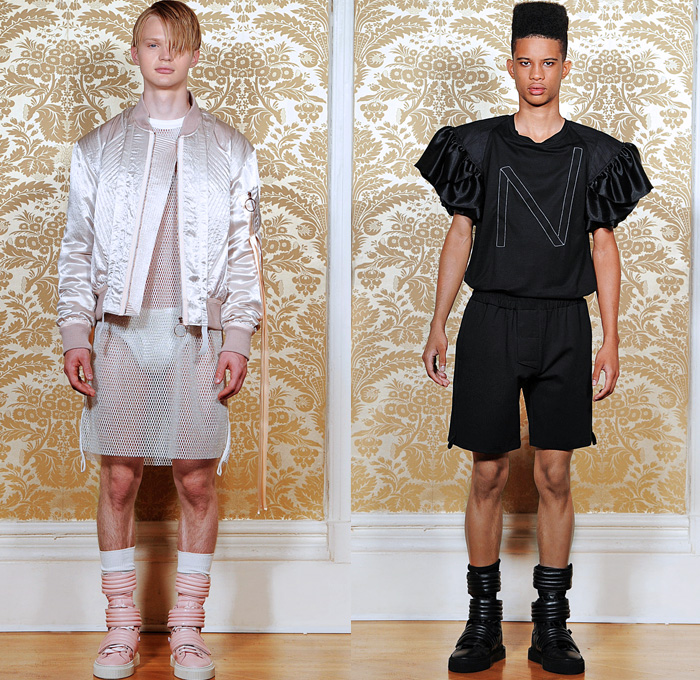 Nicopanda 2016 Pre Fall Autumn Mens Lookbook Presentation Nicola Formichetti - Denim Jeans Androgyny Unisex Outerwear Jacket Streetwear Paint Sneakers Shirtdress Sheer Chiffon Braid Strips Straps Sportswear Jogger Sweatpants Sweater Jumper Asymmetrical Hem Sleeveless Duffel Drawstring Bomber Jacket Metallic Mesh Quilted Shorts Ruffles