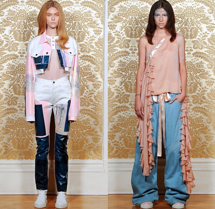 Nicopanda 2016 Pre Fall Autumn Womens Lookbook Presentation Nicola Formichetti - Denim Jeans Unisex Streetwear Paint Panels Crop Top Midriff Sheer Chiffon Tulle Wide Leg Trousers Palazzo Pants Flare Bell Bottom Sleeveless Straps Braid Shirt Blouse Mesh Jacket Outerwear Parka Stockings Tights Gown Skirt Frock Bomber Jacket Dress Silk Satin Sneakers Sandals Cuffs