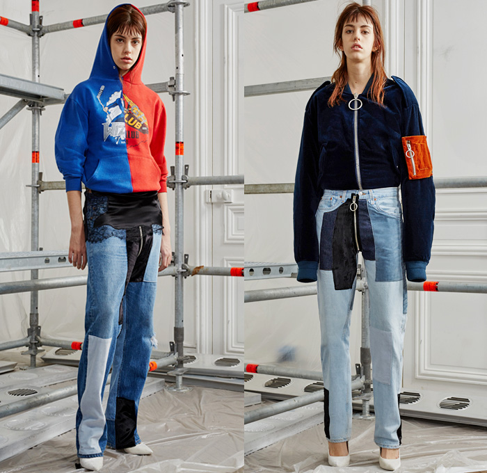 Off-White by Virgil Abloh 2016 Pre Fall Autumn Womens Lookbook Presentation - Patchwork Lace Denim Jeans Construction Worker Stripes Camel Hoodie Sweatshirt Colorblock Velvet Open Back Knit Sweater Jumper Wide Leg Trousers Palazzo Pants Tuxedo Stripe Paper Bag Waist Grosgrain Belt Zipper Turtleneck Flare Furry Outerwear Coat Vest Waistcoat Tracksuit Onesie Jumpsuit Coveralls Motorcycle Biker Leather One Shoulder Half Panel