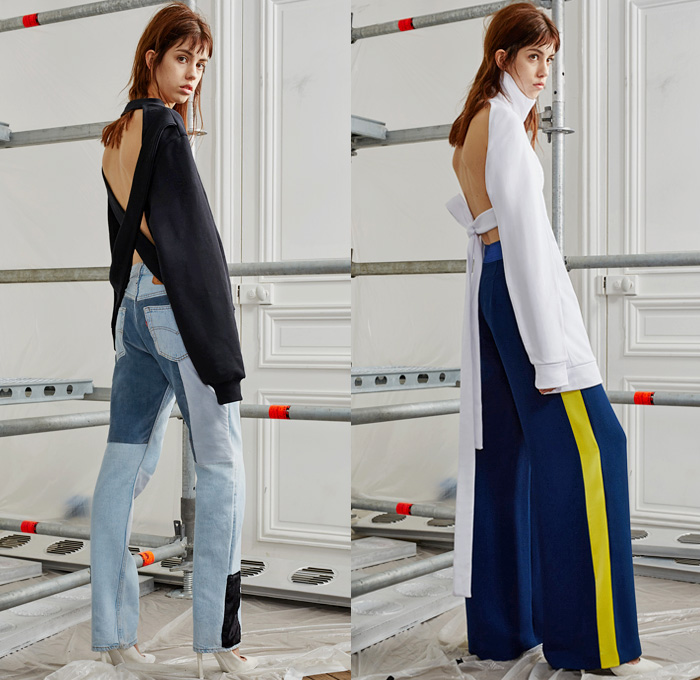 Off-White by Virgil Abloh 2016 Pre Fall Autumn Womens Lookbook Presentation - Patchwork Lace Denim Jeans Construction Worker Stripes Camel Hoodie Sweatshirt Colorblock Velvet Open Back Knit Sweater Jumper Wide Leg Trousers Palazzo Pants Tuxedo Stripe Paper Bag Waist Grosgrain Belt Zipper Turtleneck Flare Furry Outerwear Coat Vest Waistcoat Tracksuit Onesie Jumpsuit Coveralls Motorcycle Biker Leather One Shoulder Half Panel