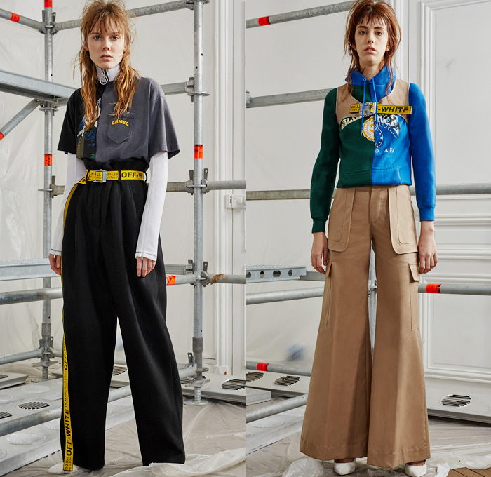 Off-White by Virgil Abloh 2016 Pre Fall Autumn Womens Lookbook Presentation - Patchwork Lace Denim Jeans Construction Worker Stripes Camel Hoodie Sweatshirt Colorblock Velvet Open Back Knit Sweater Jumper Wide Leg Trousers Palazzo Pants Tuxedo Stripe Paper Bag Waist Grosgrain Belt Zipper Turtleneck Flare Furry Outerwear Coat Vest Waistcoat Tracksuit Onesie Jumpsuit Coveralls Motorcycle Biker Leather One Shoulder Half Panel