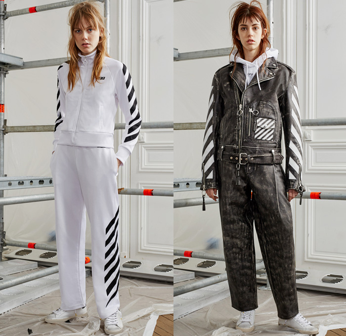 Off-White by Virgil Abloh 2016 Pre Fall Autumn Womens Lookbook Presentation - Patchwork Lace Denim Jeans Construction Worker Stripes Camel Hoodie Sweatshirt Colorblock Velvet Open Back Knit Sweater Jumper Wide Leg Trousers Palazzo Pants Tuxedo Stripe Paper Bag Waist Grosgrain Belt Zipper Turtleneck Flare Furry Outerwear Coat Vest Waistcoat Tracksuit Onesie Jumpsuit Coveralls Motorcycle Biker Leather One Shoulder Half Panel