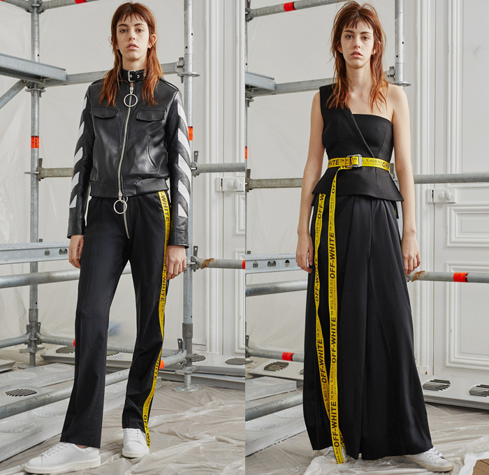 Off-White by Virgil Abloh 2016 Pre Fall Autumn Womens Lookbook Presentation - Patchwork Lace Denim Jeans Construction Worker Stripes Camel Hoodie Sweatshirt Colorblock Velvet Open Back Knit Sweater Jumper Wide Leg Trousers Palazzo Pants Tuxedo Stripe Paper Bag Waist Grosgrain Belt Zipper Turtleneck Flare Furry Outerwear Coat Vest Waistcoat Tracksuit Onesie Jumpsuit Coveralls Motorcycle Biker Leather One Shoulder Half Panel