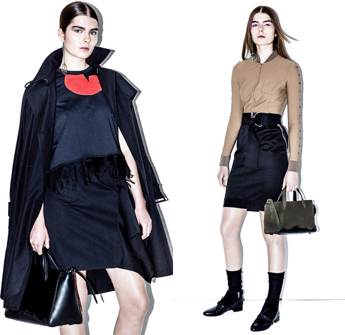 3.1 Phillip Lim 2016 Pre Fall Autumn Womens Lookbook Presentation - Denim Jeans Skirt Outerwear Trench Coat Ribbed Knit Sweater D-Ring Wide Belt Loops Buttons Track Shirt Leggings Tracksuit Bomber Jacket Asymmetrical Hem Ruffles Dress Silk Satin Blouse Accordion Pleats Metallic Barbed Wire Lace Up Crop Top Midriff Wide Leg Trousers Palazzo Pants Paper Bag Waist Wool Sleepwear Pajamas Lounge Moto Biker Vest Waistcoat