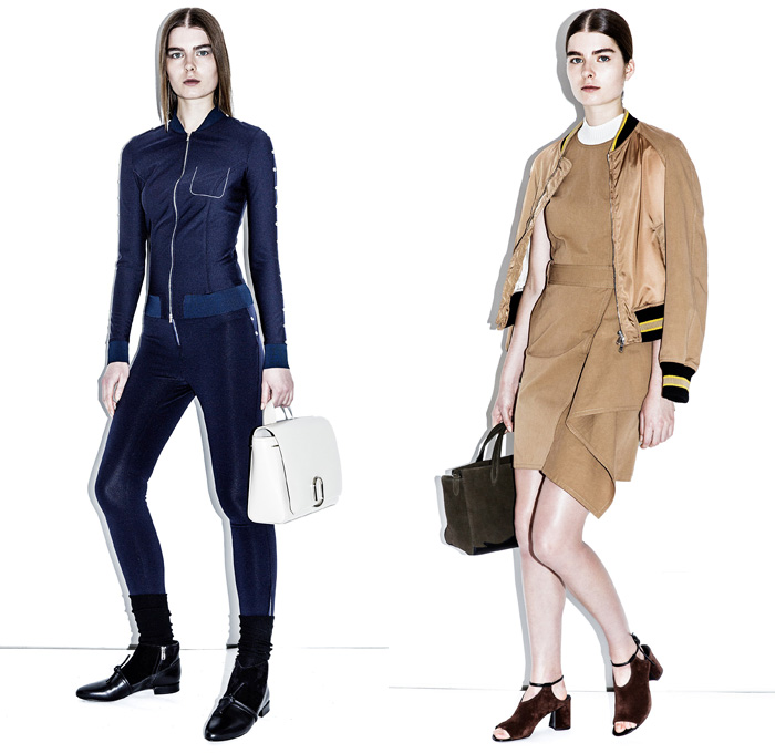 3.1 Phillip Lim 2016 Pre Fall Autumn Womens Lookbook Presentation - Denim Jeans Skirt Outerwear Trench Coat Ribbed Knit Sweater D-Ring Wide Belt Loops Buttons Track Shirt Leggings Tracksuit Bomber Jacket Asymmetrical Hem Ruffles Dress Silk Satin Blouse Accordion Pleats Metallic Barbed Wire Lace Up Crop Top Midriff Wide Leg Trousers Palazzo Pants Paper Bag Waist Wool Sleepwear Pajamas Lounge Moto Biker Vest Waistcoat