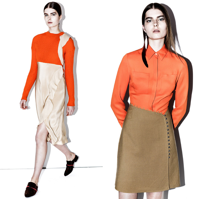 3.1 Phillip Lim 2016 Pre Fall Autumn Womens Lookbook Presentation - Denim Jeans Skirt Outerwear Trench Coat Ribbed Knit Sweater D-Ring Wide Belt Loops Buttons Track Shirt Leggings Tracksuit Bomber Jacket Asymmetrical Hem Ruffles Dress Silk Satin Blouse Accordion Pleats Metallic Barbed Wire Lace Up Crop Top Midriff Wide Leg Trousers Palazzo Pants Paper Bag Waist Wool Sleepwear Pajamas Lounge Moto Biker Vest Waistcoat