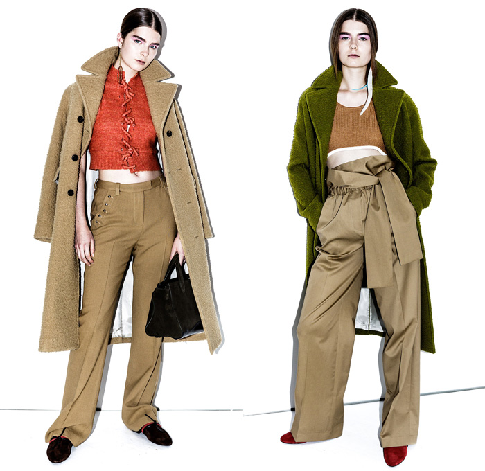 3.1 Phillip Lim 2016 Pre Fall Autumn Womens Lookbook Presentation - Denim Jeans Skirt Outerwear Trench Coat Ribbed Knit Sweater D-Ring Wide Belt Loops Buttons Track Shirt Leggings Tracksuit Bomber Jacket Asymmetrical Hem Ruffles Dress Silk Satin Blouse Accordion Pleats Metallic Barbed Wire Lace Up Crop Top Midriff Wide Leg Trousers Palazzo Pants Paper Bag Waist Wool Sleepwear Pajamas Lounge Moto Biker Vest Waistcoat