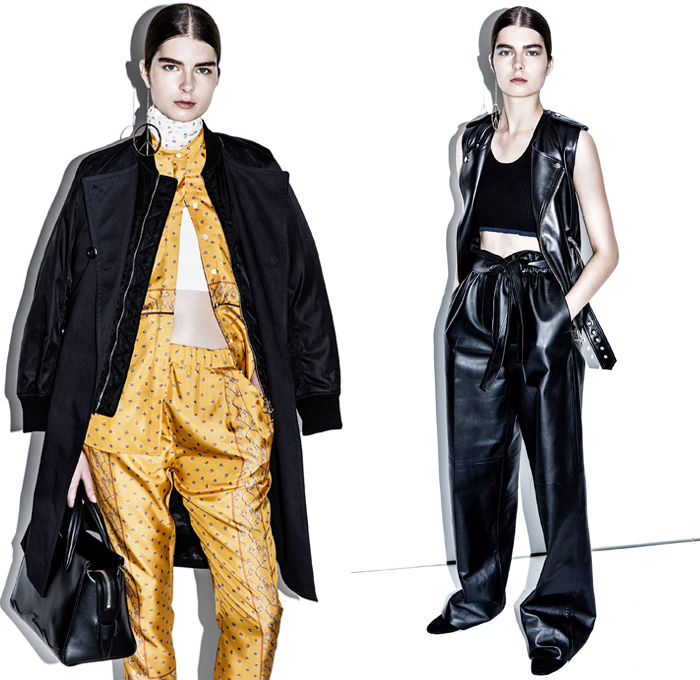 3.1 Phillip Lim 2016 Pre Fall Autumn Womens Lookbook Presentation - Denim Jeans Skirt Outerwear Trench Coat Ribbed Knit Sweater D-Ring Wide Belt Loops Buttons Track Shirt Leggings Tracksuit Bomber Jacket Asymmetrical Hem Ruffles Dress Silk Satin Blouse Accordion Pleats Metallic Barbed Wire Lace Up Crop Top Midriff Wide Leg Trousers Palazzo Pants Paper Bag Waist Wool Sleepwear Pajamas Lounge Moto Biker Vest Waistcoat