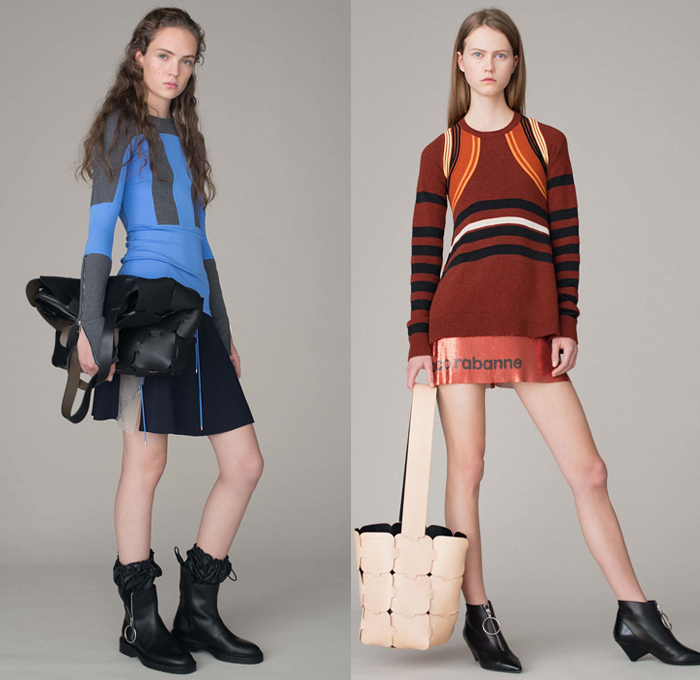 Paco Rabanne 2016 Pre Fall Autumn Womens Lookbook Presentation - Sportswear Athleisure Activewear Mesh Net Loops Drawstring Zipper Furry Shaggy Sweater Jumper Stripes Knit Miniskirt Outerwear Coat Jacket Shearling Parka Anorak Nylon Asymmetrical Handkerchief Hem Hoodie Sleeveless Wrap Tie-Up Handbag Tote Boots