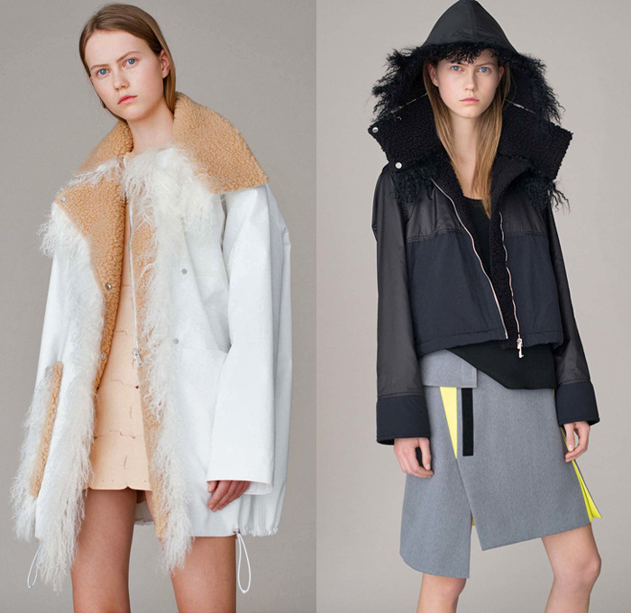 Paco Rabanne 2016 Pre Fall Autumn Womens Lookbook Presentation - Sportswear Athleisure Activewear Mesh Net Loops Drawstring Zipper Furry Shaggy Sweater Jumper Stripes Knit Miniskirt Outerwear Coat Jacket Shearling Parka Anorak Nylon Asymmetrical Handkerchief Hem Hoodie Sleeveless Wrap Tie-Up Handbag Tote Boots