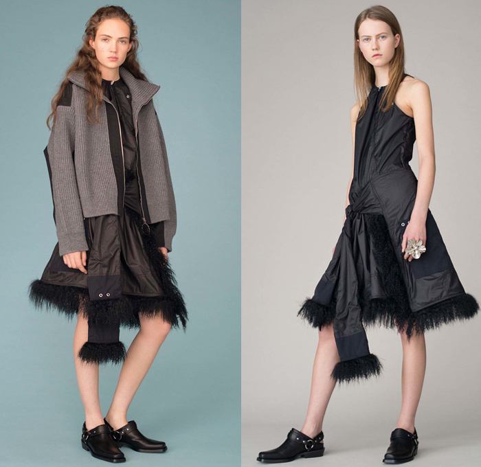 Paco Rabanne 2016 Pre Fall Autumn Womens Lookbook Presentation - Sportswear Athleisure Activewear Mesh Net Loops Drawstring Zipper Furry Shaggy Sweater Jumper Stripes Knit Miniskirt Outerwear Coat Jacket Shearling Parka Anorak Nylon Asymmetrical Handkerchief Hem Hoodie Sleeveless Wrap Tie-Up Handbag Tote Boots