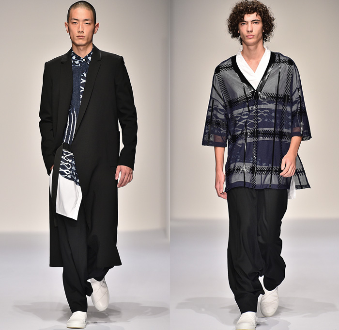 Public School NYC New York 2016 Pre Fall Autumn Mens Runway Catwalk Looks - Dubai Design District Japanese Shibori Print Ethnic Folk Indigo Dye Mesh Middle Eastern Accents Tunic Outerwear Coat Blazer Parka Long Shirt Pants Trousers Plaid Check Sheer Chiffon Mesh V-Neck Slouchy Ornamental Print Tribal Grunge Ombre Bomber Jacket Kimono Wrap Strap