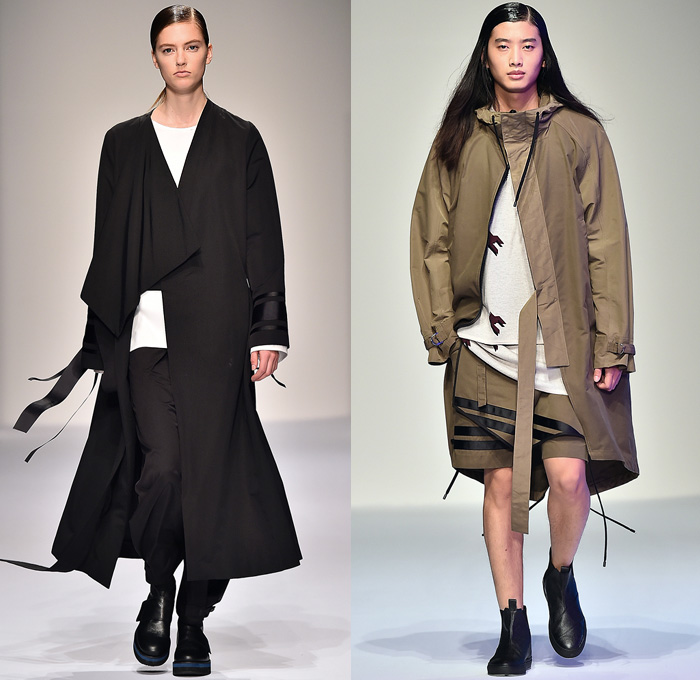 Public School NYC New York 2016 Pre Fall Autumn Womens Runway Catwalk Looks - Dubai Design District Japanese Shibori Print Ethnic Folk Indigo Dye Mesh Sheer Chiffon Knit Sweater Jumper Skirt Frock Elongated Sleeves Shirtdress Popover Tunic Multi-Panel Ombre Outerwear Jacket Long Coat Straps Kimono Wrap Robe Parka Shorts Wide Leg Trousers Palazzo Pants Culottes Gauchos Check Plaid V-Neck Grunge Ornamental Print