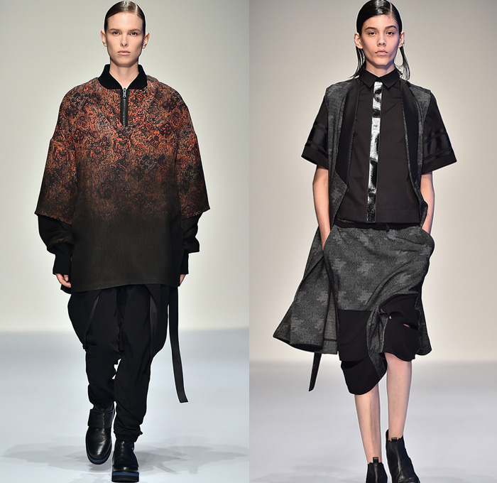 Public School NYC New York 2016 Pre Fall Autumn Womens Runway Catwalk Looks - Dubai Design District Japanese Shibori Print Ethnic Folk Indigo Dye Mesh Sheer Chiffon Knit Sweater Jumper Skirt Frock Elongated Sleeves Shirtdress Popover Tunic Multi-Panel Ombre Outerwear Jacket Long Coat Straps Kimono Wrap Robe Parka Shorts Wide Leg Trousers Palazzo Pants Culottes Gauchos Check Plaid V-Neck Grunge Ornamental Print