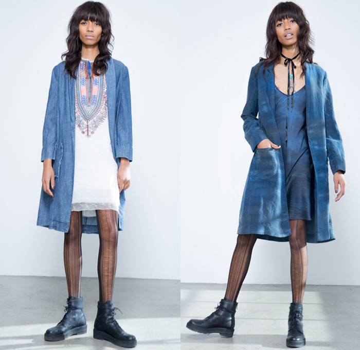 Raquel Allegra 2016 Pre Fall Autumn Womens Lookbook Presentation - 1970s Seventies Hippie Bohemian Boho Chic Tie-Dye Denim Jeans Slip Maxi Dress Wide Leg Trousers Palazzo Pants Shirtdress Popover Frayed Raw Hem Waistcoat Vestdress Stockings Tights Onesie Jumpsuit Coveralls Pantsuit Drawstring Embroidery Ethnic Folk Outerwear Coat Jacket Noodle Spaghetti Strap Boots Tiered Ruffles Tankdress Sheer Chiffon