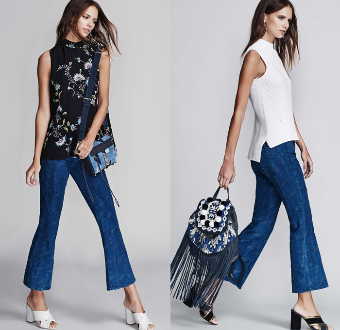 Rebecca Minkoff 2016 Pre Fall Autumn Womens Lookbook Presentation - Hippie Bohemian Boho Chic 1960s Sixties 1970s Seventies Flare Cropped Denim Jeans Strapless Open Cold Shoulders Flowers Floral Botanical Print Motif Sleeveless Knit Sweater Vest Miniskirt Frock Outerwear Jacket Moto Motorcycle Biker Rider Leather Oversized Sheer Chiffon Lace Silk Tunic Maxi Dress Goddess Georgette Gown Crossbody Bag Backpack Tote
