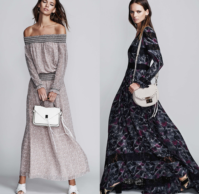 Rebecca Minkoff 2016 Pre Fall Autumn Womens Lookbook Presentation - Hippie Bohemian Boho Chic 1960s Sixties 1970s Seventies Flare Cropped Denim Jeans Strapless Open Cold Shoulders Flowers Floral Botanical Print Motif Sleeveless Knit Sweater Vest Miniskirt Frock Outerwear Jacket Moto Motorcycle Biker Rider Leather Oversized Sheer Chiffon Lace Silk Tunic Maxi Dress Goddess Georgette Gown Crossbody Bag Backpack Tote