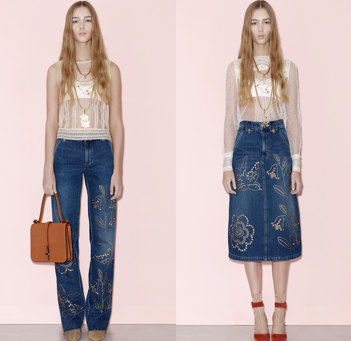 Red Valentino 2016 Pre Fall Autumn Womens Lookbook Presentation - Denim Jeans Flowers Floral Fauna Leaves Botanical Motif Embroidery Bedazzled Sheer Chiffon Tulle Lace Blouse Strapless Ruffles Miniskirt Midi Skirt Shorts Suede Maxi Dress Wide Leg Trousers Palazzo Pants Culottes Furry Outerwear Jacket Outerwear Trench Coat Hearts Geometric Turtleneck Knit Sweater Stripes Cardigan Dots Tiered Cargo Pockets