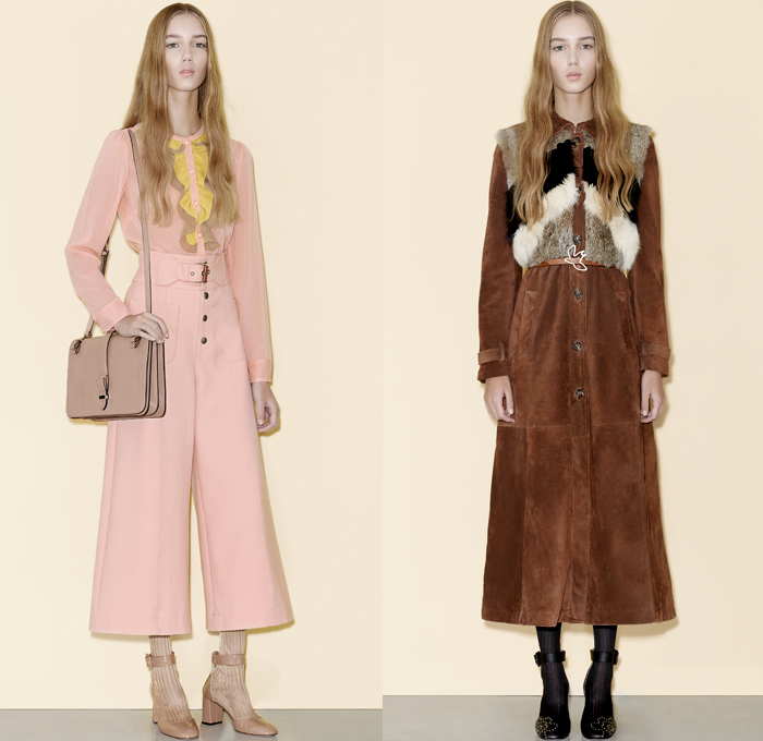 Red Valentino 2016 Pre Fall Autumn Womens Lookbook Presentation - Denim Jeans Flowers Floral Fauna Leaves Botanical Motif Embroidery Bedazzled Sheer Chiffon Tulle Lace Blouse Strapless Ruffles Miniskirt Midi Skirt Shorts Suede Maxi Dress Wide Leg Trousers Palazzo Pants Culottes Furry Outerwear Jacket Outerwear Trench Coat Hearts Geometric Turtleneck Knit Sweater Stripes Cardigan Dots Tiered Cargo Pockets