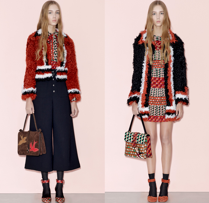 Red Valentino 2016 Pre Fall Autumn Womens Lookbook Presentation - Denim Jeans Flowers Floral Fauna Leaves Botanical Motif Embroidery Bedazzled Sheer Chiffon Tulle Lace Blouse Strapless Ruffles Miniskirt Midi Skirt Shorts Suede Maxi Dress Wide Leg Trousers Palazzo Pants Culottes Furry Outerwear Jacket Outerwear Trench Coat Hearts Geometric Turtleneck Knit Sweater Stripes Cardigan Dots Tiered Cargo Pockets