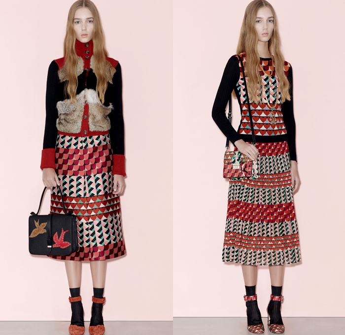 Red Valentino 2016 Pre Fall Autumn Womens Lookbook Presentation - Denim Jeans Flowers Floral Fauna Leaves Botanical Motif Embroidery Bedazzled Sheer Chiffon Tulle Lace Blouse Strapless Ruffles Miniskirt Midi Skirt Shorts Suede Maxi Dress Wide Leg Trousers Palazzo Pants Culottes Furry Outerwear Jacket Outerwear Trench Coat Hearts Geometric Turtleneck Knit Sweater Stripes Cardigan Dots Tiered Cargo Pockets