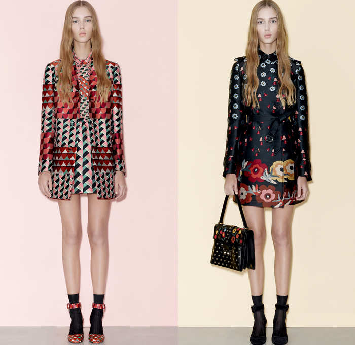 Red Valentino 2016 Pre Fall Autumn Womens Lookbook Presentation - Denim Jeans Flowers Floral Fauna Leaves Botanical Motif Embroidery Bedazzled Sheer Chiffon Tulle Lace Blouse Strapless Ruffles Miniskirt Midi Skirt Shorts Suede Maxi Dress Wide Leg Trousers Palazzo Pants Culottes Furry Outerwear Jacket Outerwear Trench Coat Hearts Geometric Turtleneck Knit Sweater Stripes Cardigan Dots Tiered Cargo Pockets